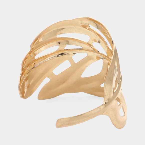 Gold Tropical Leaf Cutout Metal Cuff Bracelet Statement Jewelry Bangle - Picture 2 of 2